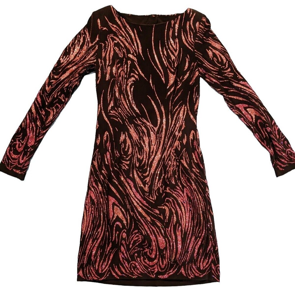 Cache Purple Black Swirl Beaded Long Sleeve Evening Cocktail Dress Sz M Defects